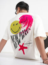 Men's Off White Typography Printed Round Neck Cotton Oversized Tshirt