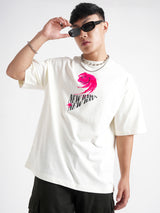 Men's Off White Typography Printed Round Neck Cotton Oversized Tshirt