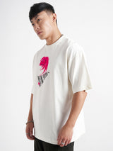 Men's Off White Typography Printed Round Neck Cotton Oversized Tshirt