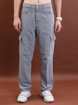 Men's Grey Relaxed Fit Clean Look Cotton Cargo Jeans