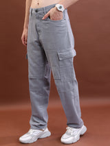 Men's Grey Relaxed Fit Clean Look Cotton Cargo Jeans