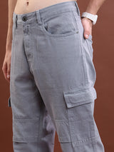 Men's Grey Relaxed Fit Clean Look Cotton Cargo Jeans