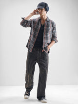 Men's Grey and Orange Dobby Textured Checked Relaxed Overshirt