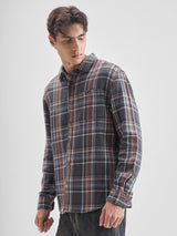 Men's Grey and Orange Dobby Textured Checked Relaxed Overshirt