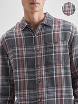 Men's Grey and Orange Dobby Textured Checked Relaxed Overshirt