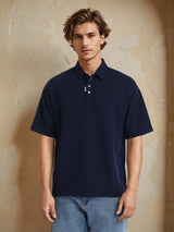 Men's Navy Blue Solid Polo Collar Relaxed Fit Tshirt