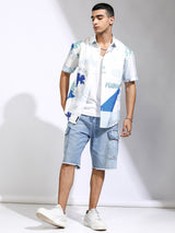 Men's White and Blue Printed Relaxed Shirt