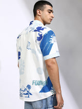 Men's White and Blue Printed Relaxed Shirt