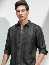 Men's Olive and Blue Comfort Fit Vertical Striped Spread Collar Casual Shirt