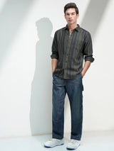 Men's Olive and Blue Comfort Fit Vertical Striped Spread Collar Casual Shirt