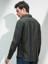 Men's Olive and Blue Comfort Fit Vertical Striped Spread Collar Casual Shirt