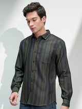 Men's Olive and Blue Comfort Fit Vertical Striped Spread Collar Casual Shirt