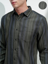 Men's Olive and Blue Comfort Fit Vertical Striped Spread Collar Casual Shirt