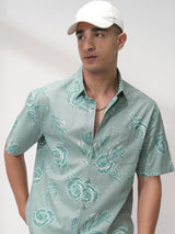 Men's Sage Green Comfort Floral Opaque Printed Casual Shirt