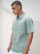 Men's Sage Green Comfort Floral Opaque Printed Casual Shirt