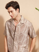 Men's Light Brown Relaxed Fit Abstract Printed Cuban Collar Casual Shirt