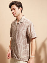 Men's Light Brown Relaxed Fit Abstract Printed Cuban Collar Casual Shirt