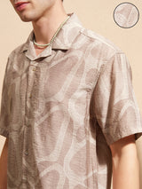 Men's Light Brown Relaxed Fit Abstract Printed Cuban Collar Casual Shirt