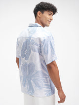 Men's Bluewhite Relaxed Fit Floral Printed Cuban Collar Casual Shirt
