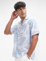 Men's Bluewhite Relaxed Fit Floral Printed Cuban Collar Casual Shirt