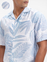 Men's Bluewhite Relaxed Fit Floral Printed Cuban Collar Casual Shirt