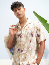 Men's Cream and Multicolor Relaxed Fit Floral Printed Cuban Collar Casual Shirt