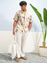 Men's Cream and Multicolor Relaxed Fit Floral Printed Cuban Collar Casual Shirt
