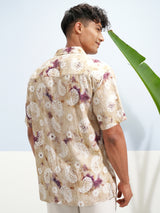 Men's Cream and Multicolor Relaxed Fit Floral Printed Cuban Collar Casual Shirt