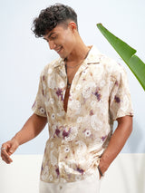 Men's Cream and Multicolor Relaxed Fit Floral Printed Cuban Collar Casual Shirt