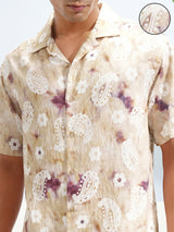 Men's Cream and Multicolor Relaxed Fit Floral Printed Cuban Collar Casual Shirt