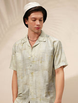 Men's Green and Beige Abstract Printed Speard Collar Relaxed Fit Shirt