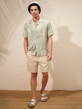 Men's Green and Beige Abstract Printed Speard Collar Relaxed Fit Shirt