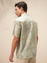Men's Green and Beige Abstract Printed Speard Collar Relaxed Fit Shirt