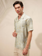 Men's Green and Beige Abstract Printed Speard Collar Relaxed Fit Shirt
