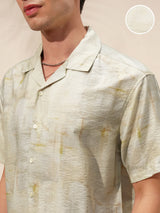 Men's Green and Beige Abstract Printed Speard Collar Relaxed Fit Shirt