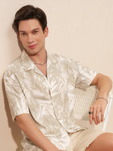 Men's Light Khaki. Floral Printed Spread Collar Relaxed Fit Shirt