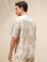 Men's Light Khaki. Floral Printed Spread Collar Relaxed Fit Shirt