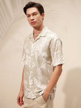 Men's Light Khaki. Floral Printed Spread Collar Relaxed Fit Shirt