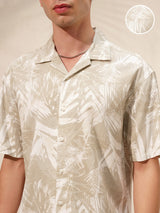 Men's Light Khaki. Floral Printed Spread Collar Relaxed Fit Shirt