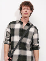 Men's Olive and Cream Checked Spread Collar Relaxed Fit Cotton Shirt