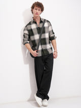 Men's Olive and Cream Checked Spread Collar Relaxed Fit Cotton Shirt