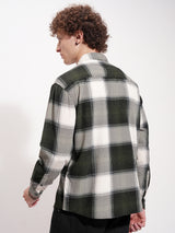 Men's Olive and Cream Checked Spread Collar Relaxed Fit Cotton Shirt