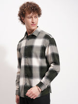 Men's Olive and Cream Checked Spread Collar Relaxed Fit Cotton Shirt