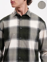 Men's Olive and Cream Checked Spread Collar Relaxed Fit Cotton Shirt
