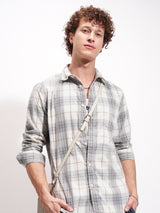 Men's Off White and Grey Checked Spread Collar Casual Shirt
