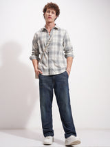Men's Off White and Grey Checked Spread Collar Casual Shirt