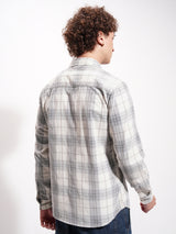 Men's Off White and Grey Checked Spread Collar Casual Shirt