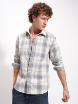 Men's Off White and Grey Checked Spread Collar Casual Shirt