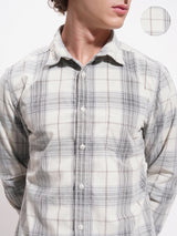 Men's Off White and Grey Checked Spread Collar Casual Shirt