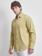 Men's Yellow Relaxed Fit Textured Spread Collar Casual Shirt